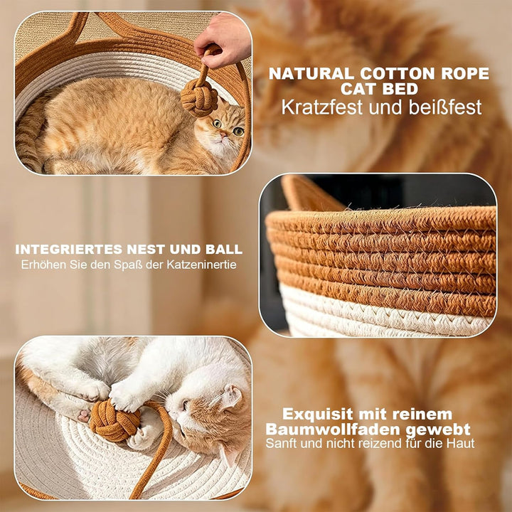 Katzenbett mit Seilball, 46x46x16 cm Rundes Katzenkorb aus Baumwollseilen, Atmungsaktiv Waschbar Dri