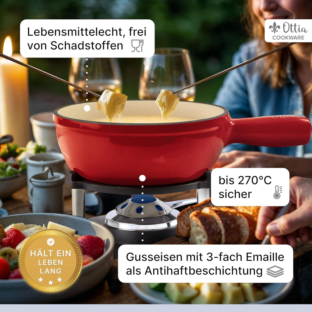 Ottia Gusseisen Fondue Set für 2, 3, 4, 5, 6 Personen, 3-lagige Emaille, Schadstofffrei, 10-teilig m
