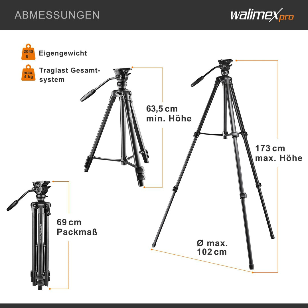 Walimex pro Videostativ mit Fluidkopf, Smartphone-Halterung &amp; Tasche I Advanced 173cm, leicht &amp; stab