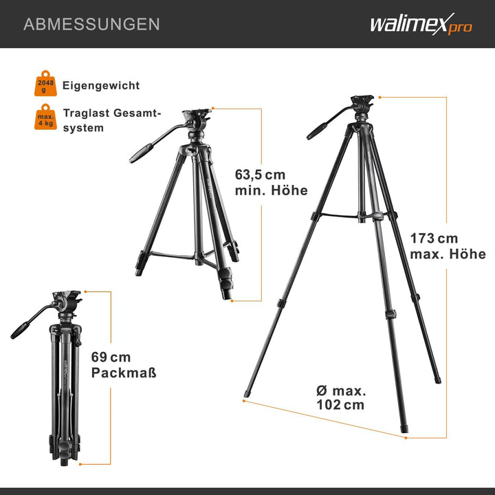 Walimex pro Videostativ mit Fluidkopf, Smartphone-Halterung &amp; Tasche I Advanced 173cm, leicht &amp; stab