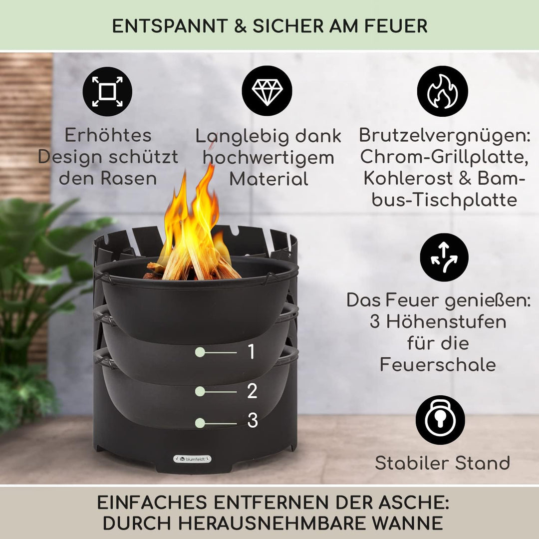 Blumfeldt Feuerschale mit Grillrost, Outdoor Stahl-Feuerschale Gross für Balkon & Camping, Mobile Fe