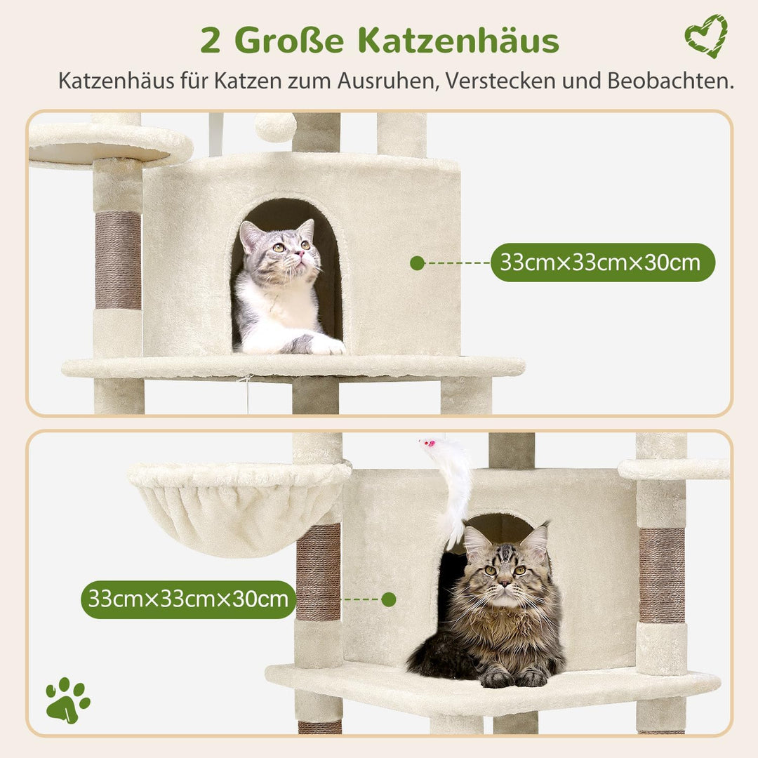 Globlazer Kratzbaum Beige Gross, Eckkratzbaum Stabil hoch 167 cm mit 2 Sektor Katzenhaus, Gepolstert