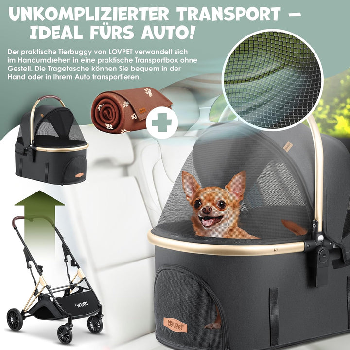 LOVPET® Hundewagen 3in1 Hundebuggy Hundebox Transporttasche 360° Grosse Räder Faltbar klappbar Haust