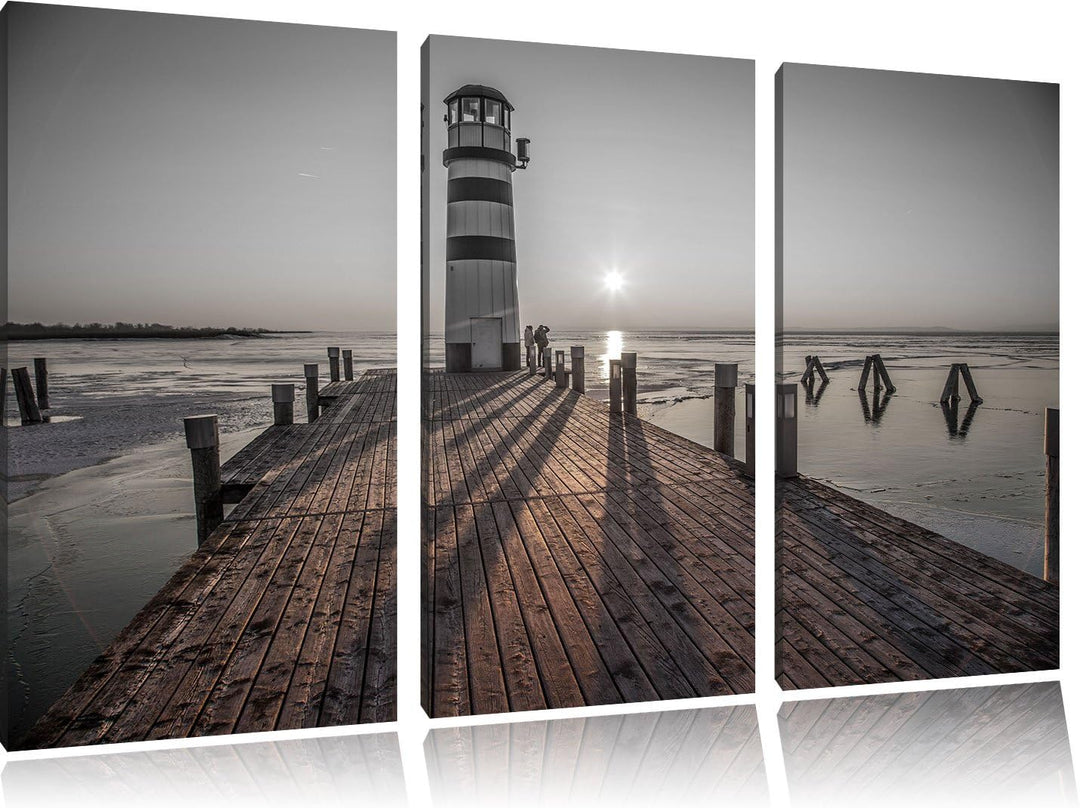 Pixxprint Leuchtturm am Steg als Leinwandbild/Grösse: 3 Teilig (120x80) cm/Wandbild/Kunstdruck/ferti