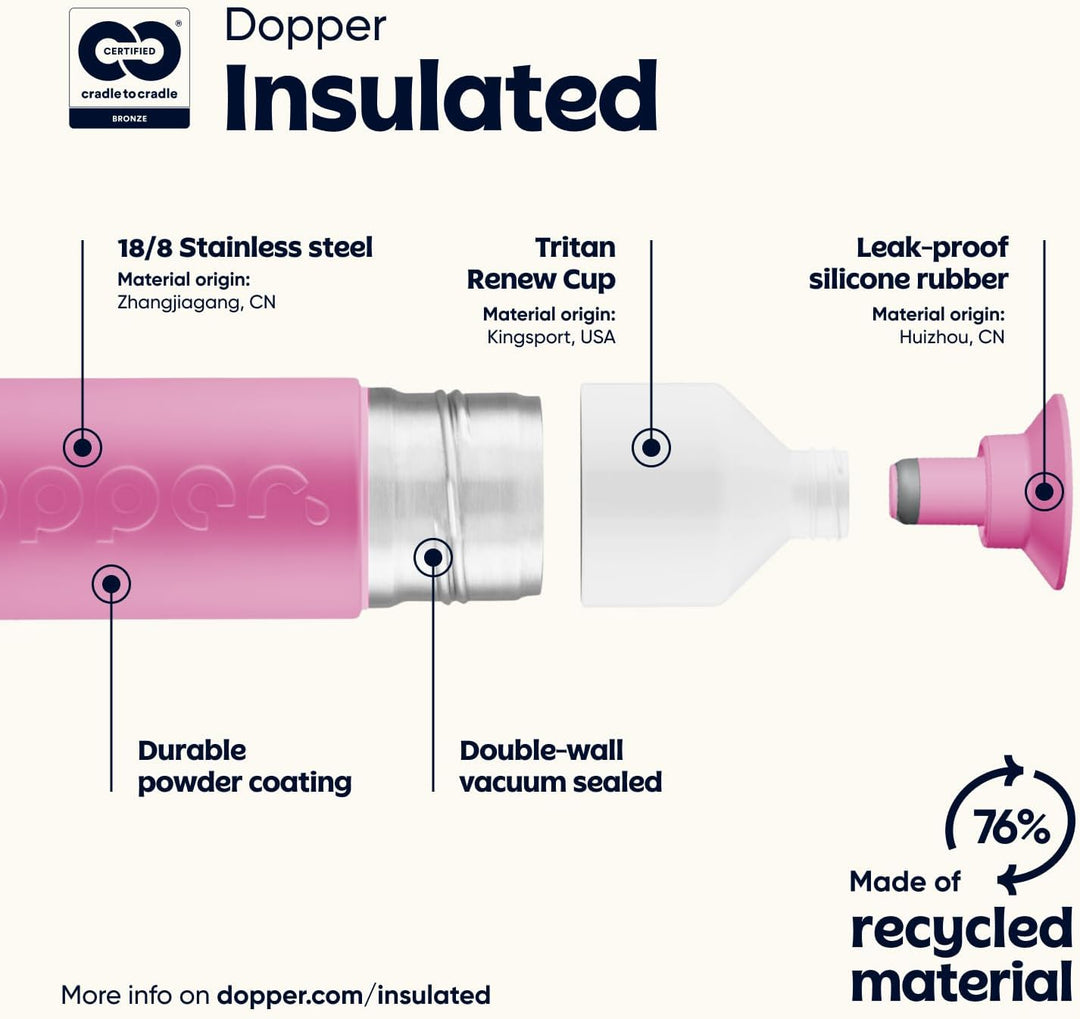 Dopper Insulated 580ml Thermosflasche Pelican Pink - Doppelwandig, auslaufsicher, hält 24h kalt/9h h