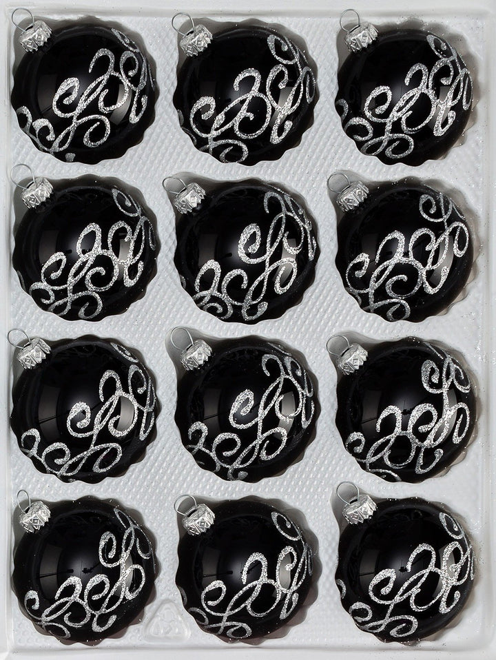12 TLG. Glas-Weihnachtskugeln Set inHochglanz-Schwarz-Silberne-Ornamente Neuheit - Christbaumkugeln