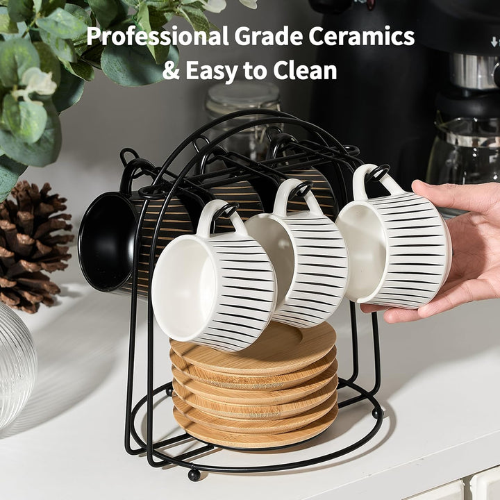 PORCER Set mit 6 Keramik-Kaffeetassen 130 ml (4,4 oz) mit Holzuntertasse und schwarzem Metallständer