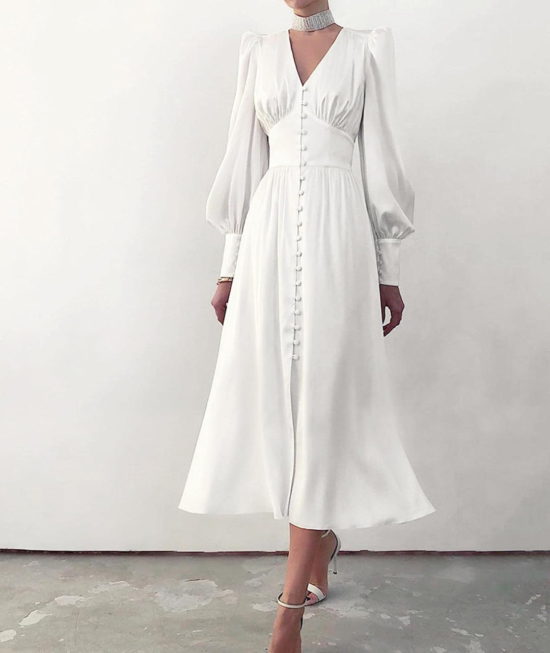 xxxiticat Damen Langarm Satin Maxikleid Lange Laternenärmel Knopfleiste Rüschen Einreihig Vintage Pu