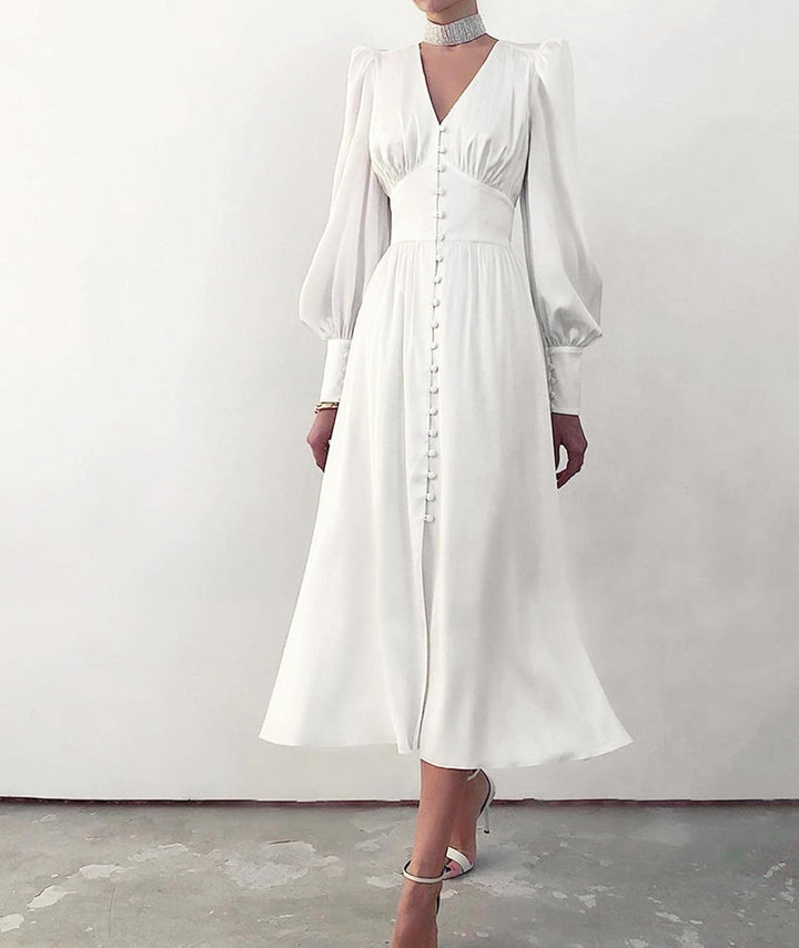 xxxiticat Damen Langarm Satin Maxikleid Lange Laternenärmel Knopfleiste Rüschen Einreihig Vintage Pu