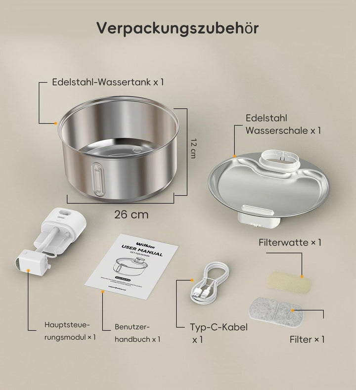 Katzenbrunnen Edelstahl Kabellos 5,5 L für Katzen (1 Filter) | 5000mAh Akku mit bewegungsmelder, lei