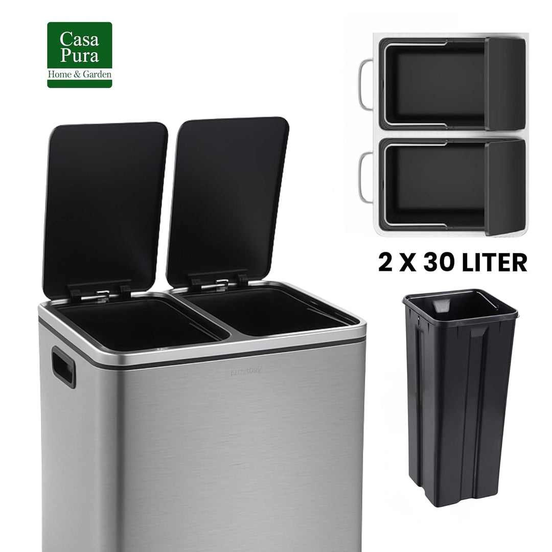 casa pura Mülleimer Küche 2×30L Grau | 2-Fach Mülltrennung, Treteimer Küche, Metall, Soft-Close, luf