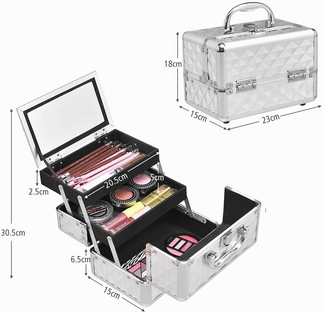 HOMASIS Kosmetikkoffer mit Spiegel, Mini Schminkkoffer mit 3 Ebenen, tragbarer Beauty Case mit Griff