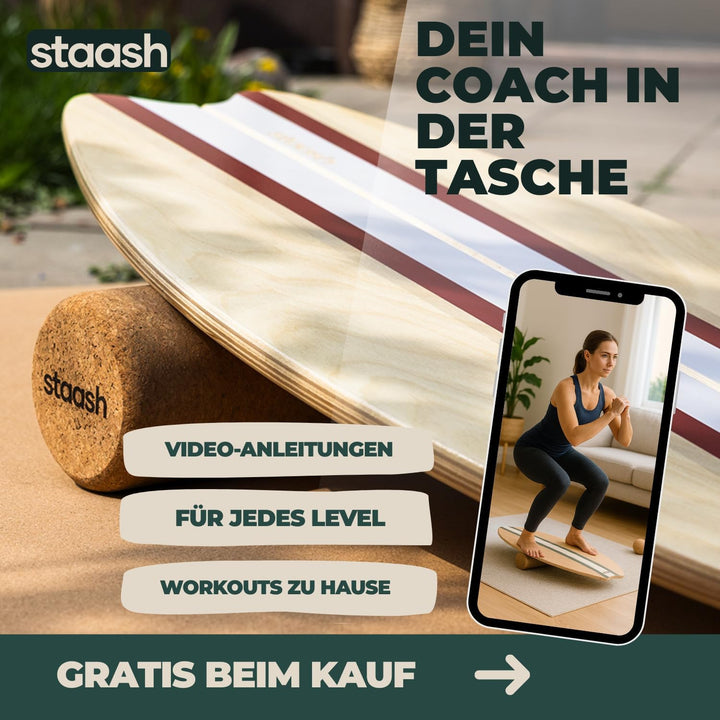 STAASH® PRO Balance Board - Premium Birkenholz mit 5 Trainings-Modulen | Komplettset für Core, Balan