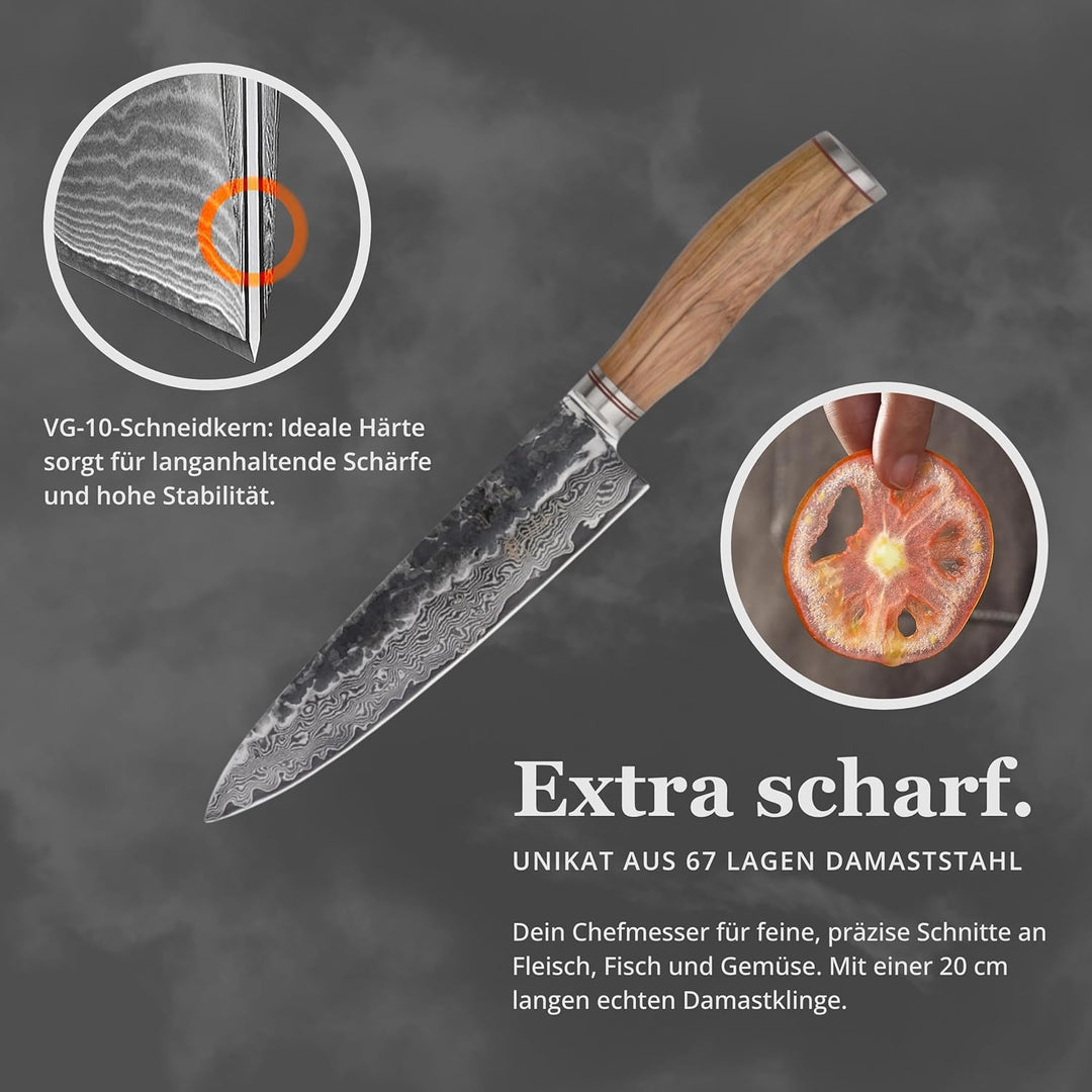Wakoli Olive HS Kochmesser aus echtem Damaststahl (VG10 Kern) mit 20 cm Klinge – Scharf & ausbalanci