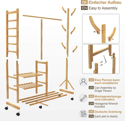 Yorbay Garderobenständer Bambus Kleiderständer mit Rollen, mit Kleiderstange, 3 Ablagen und 6 Haken,