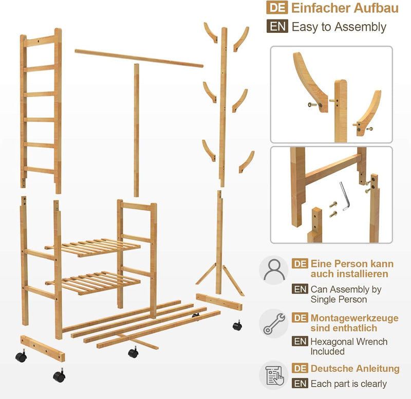 Yorbay Garderobenständer Bambus Kleiderständer mit Rollen, mit Kleiderstange, 3 Ablagen und 6 Haken,