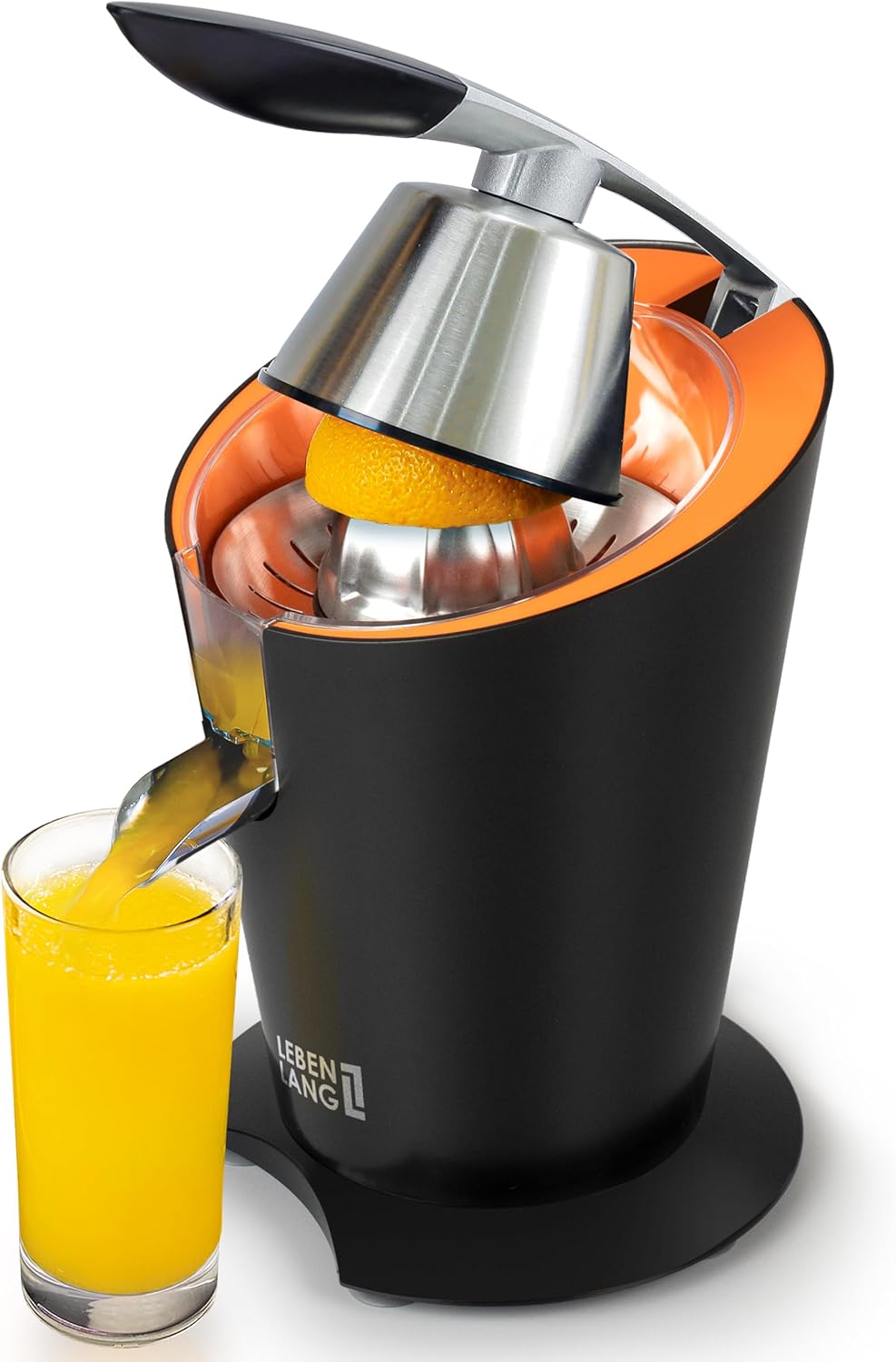 LEBENLANG Orangenpresse elektrische Edelstahl 600W - Inkl. Edelstahlkegel & BPA-Frei I Hohe Saftausb