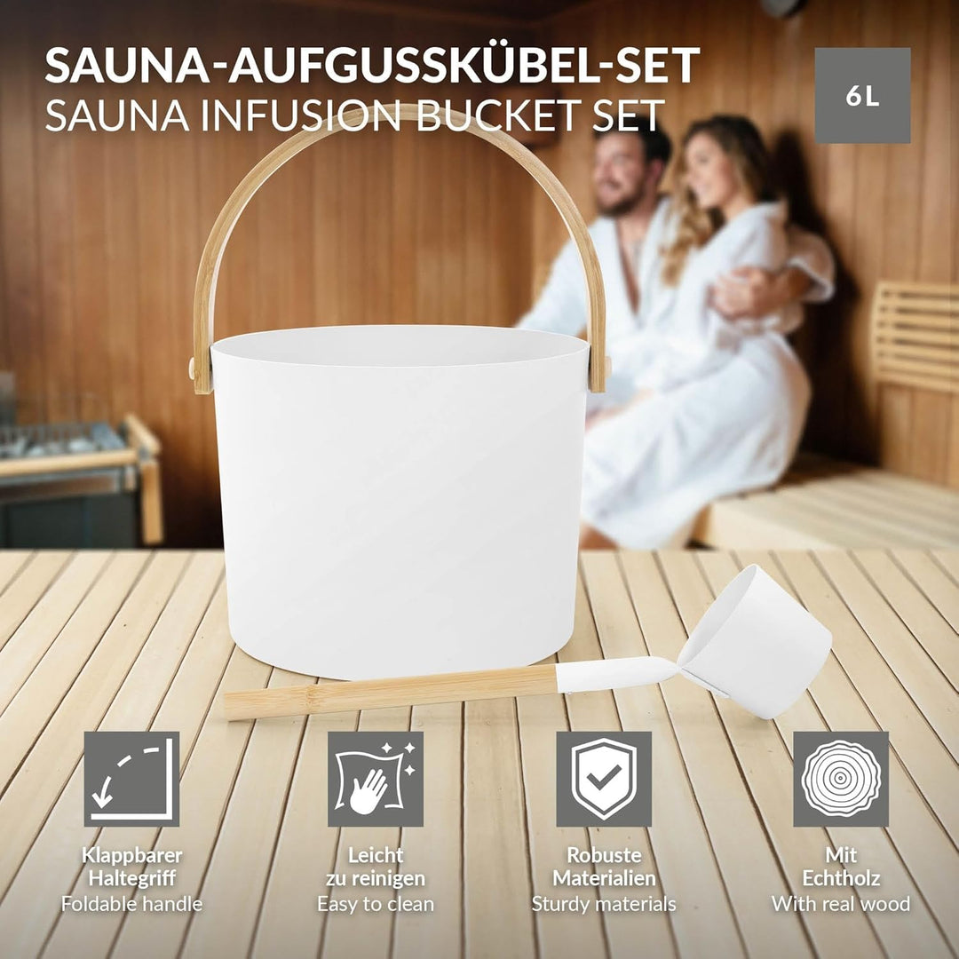 LuxeBath Saunazubehör-Set aus Aluminium & Bambus, Weiss, 2-TLG Sauna Set, Aufgusskübel mit klappbare