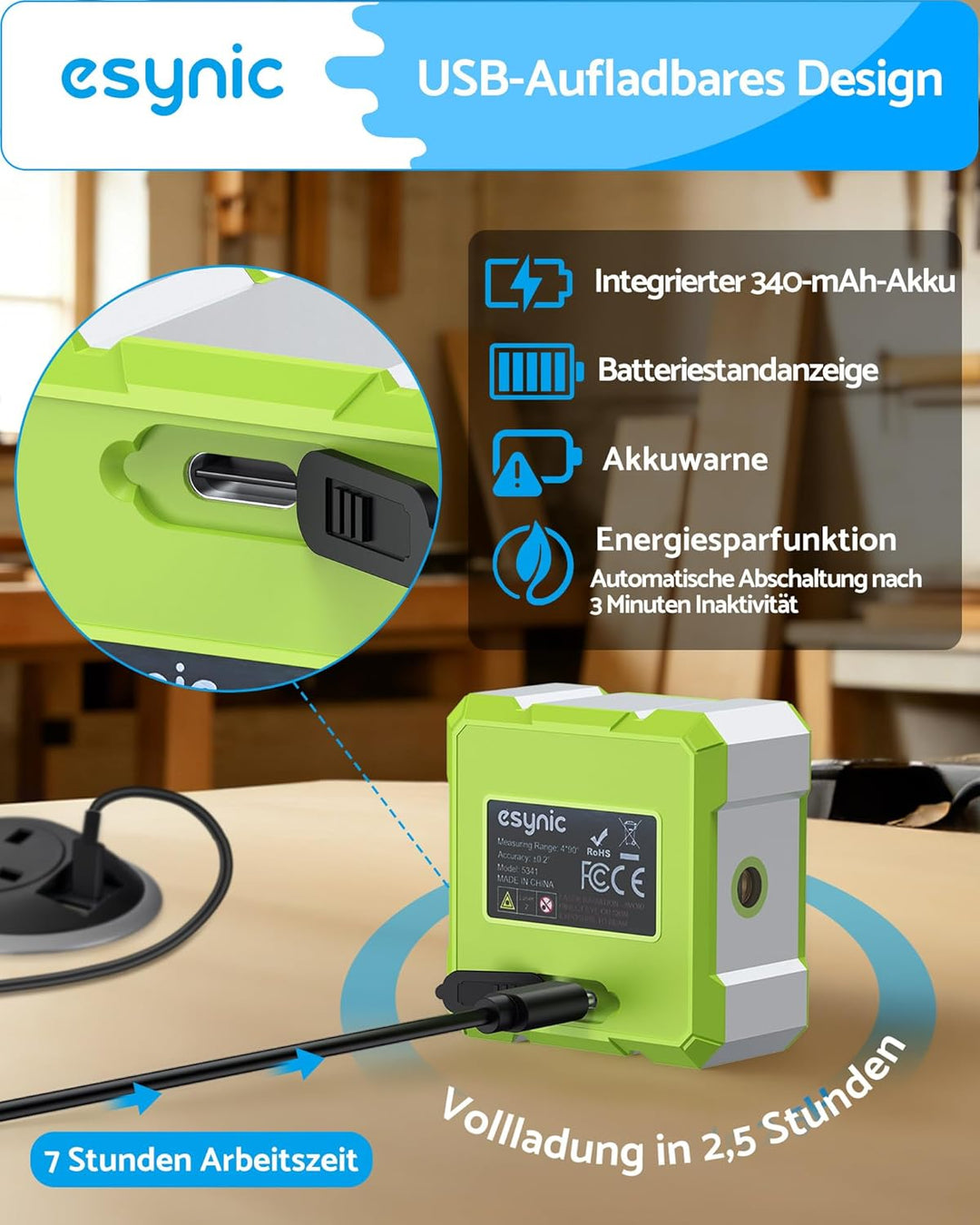 eSynic Digitaler Winkelmesser Neigungsmesser grüner Laser Wasserwaage mit LCD-VA Display 4-Seitiges
