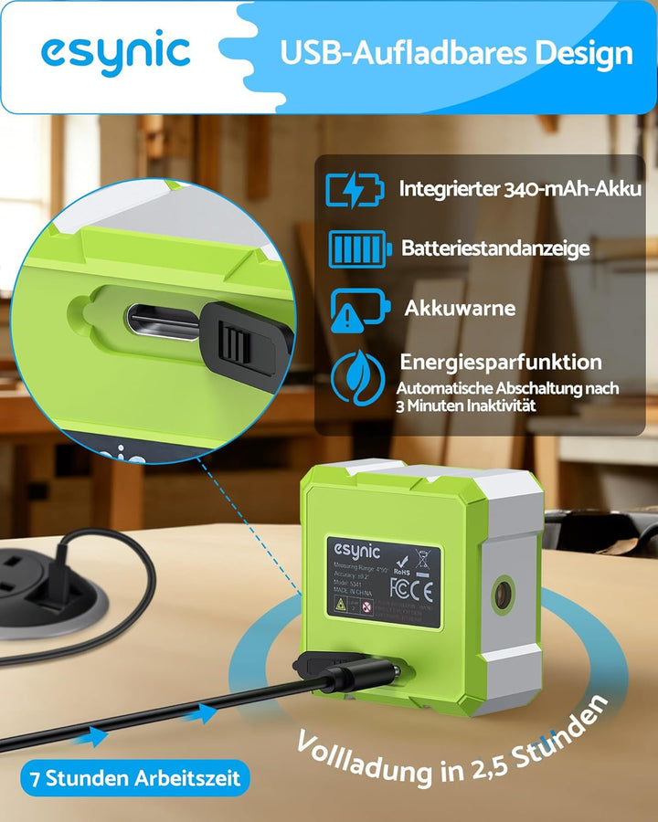 eSynic Digitaler Winkelmesser Neigungsmesser grüner Laser Wasserwaage mit LCD-VA Display 4-Seitiges