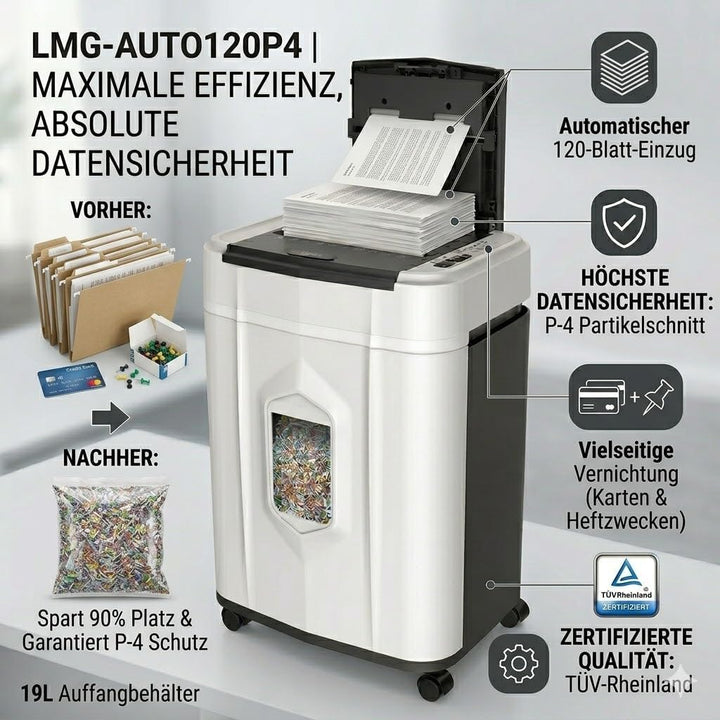 Aktenvernichter, Papierschredder bis 120 Blatt gleichzeitig, Autofeed Schredder, P4, Reisswolf mit 1