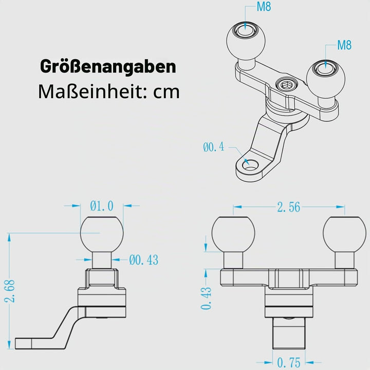 BRCOVAN Aluminiumlegierung Rückspiegel-Montagebasis mit Zwei 1-Zoll-TPU-Kugel und 10-mm-Loch, Kompat