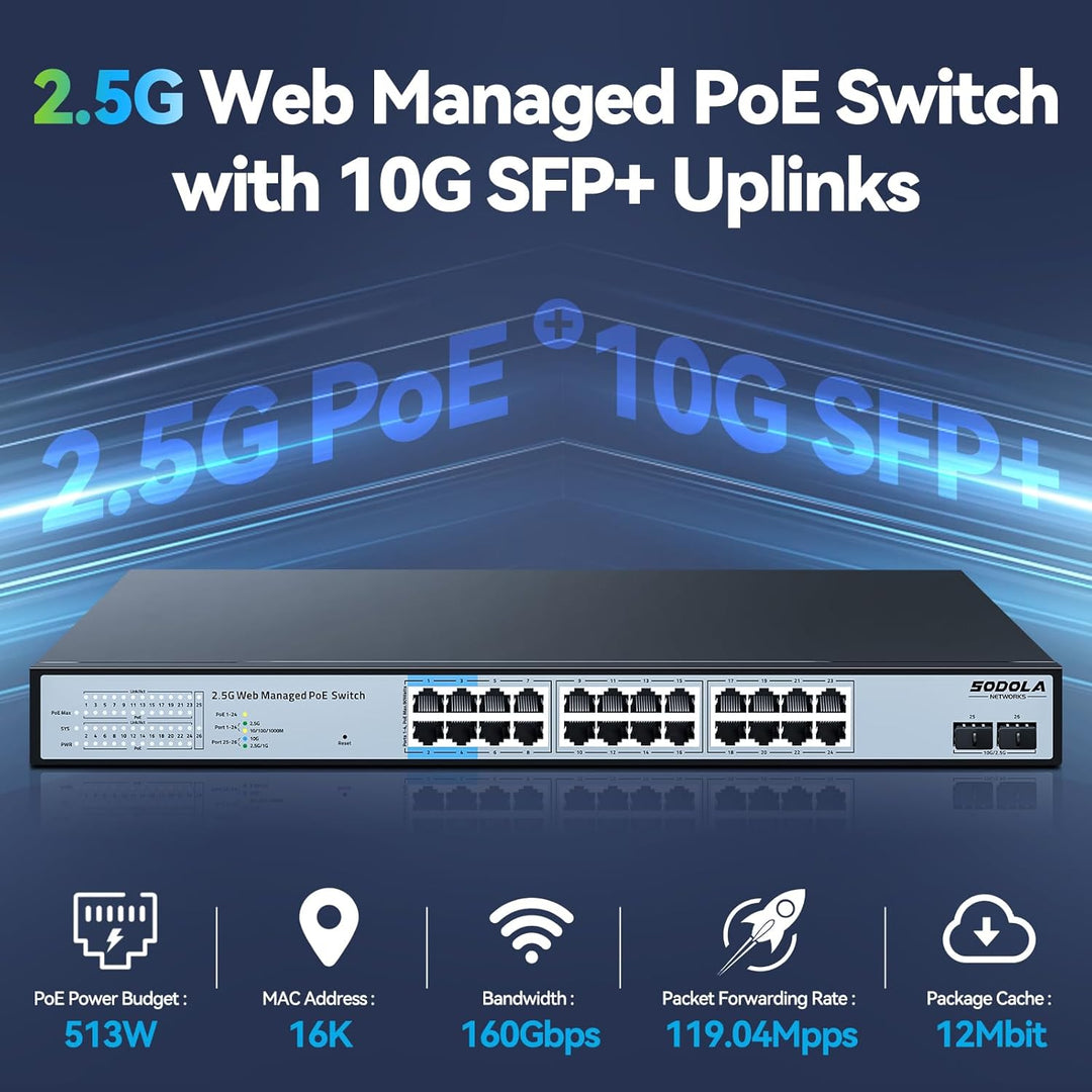 SODOLA 24-Port 2,5Gbit PoE+ Switch – Smart Managed mit 2x10G SFP+, 500W Gesamtleistung & 1U-Rackmont