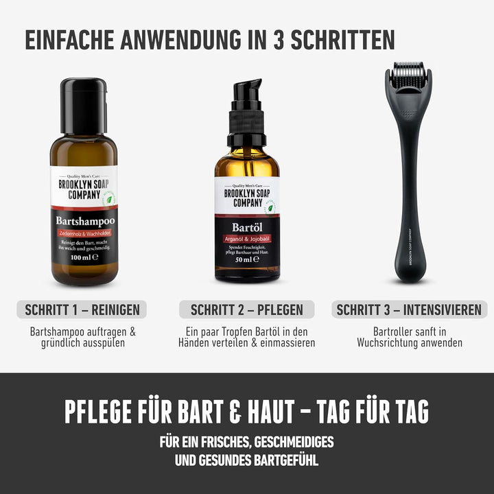 Brooklyn Soap Company Bartpflege Set für Männer - Mit Bartroller, Bartöl & Bartshampoo - Geschenk fü