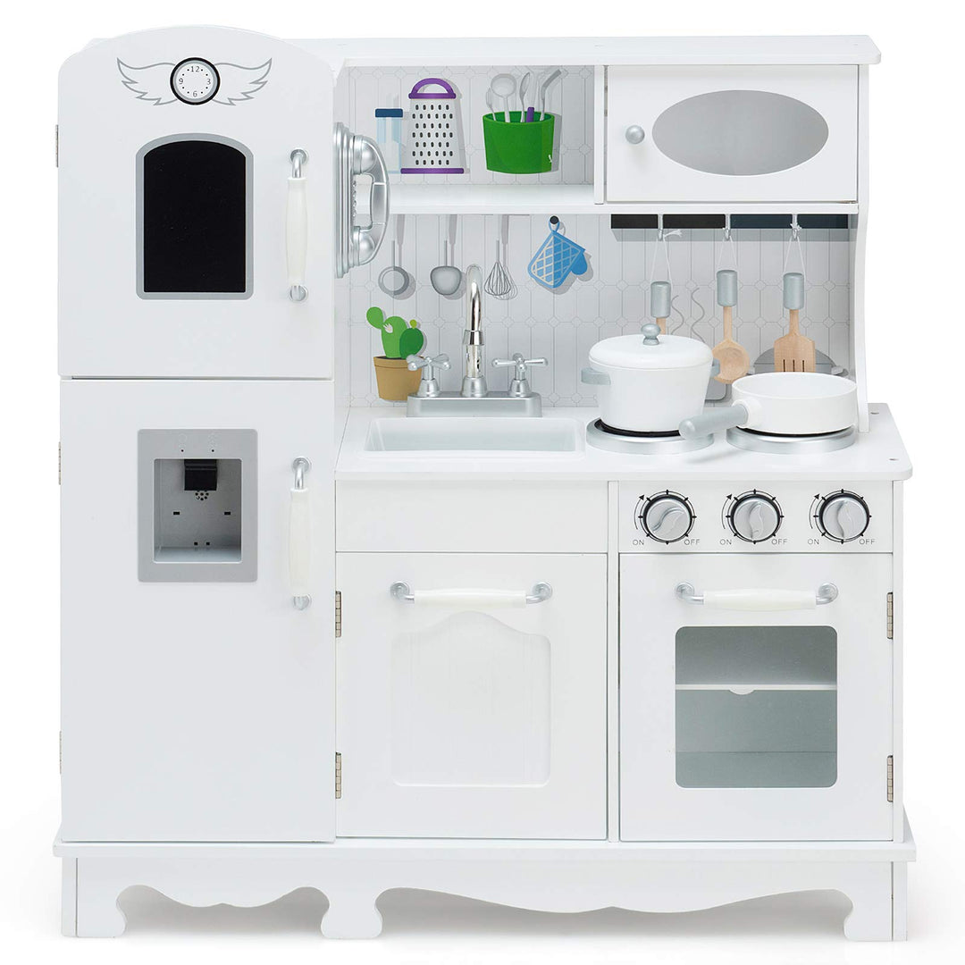 DREAMADE Kinderküche aus Holz mit Spielzubehör, Kinderspielküche mit Kühlschrank Spüle Herd Backofen