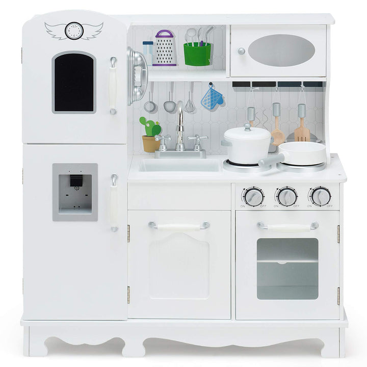 DREAMADE Kinderküche aus Holz mit Spielzubehör, Kinderspielküche mit Kühlschrank Spüle Herd Backofen