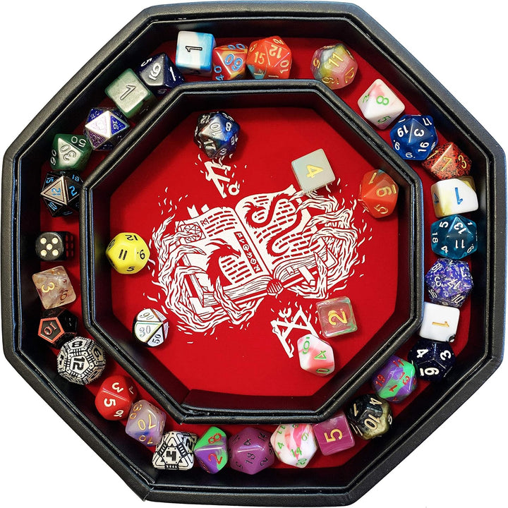 Fantasydice RED Fire Dragon with Wizard Book Print Dice Tray 8" Octagon with Lid and Dice Staging Ar