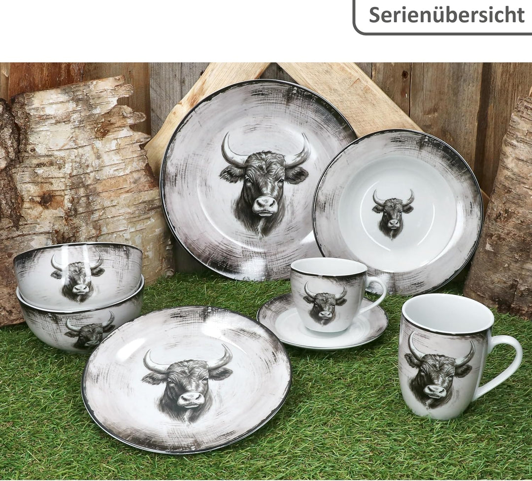 MamboCat 6er Set Toro Suppenteller I 200ml I weiss-rosa Porzellan-Teller mit Kuh Motiv für 6 Persone