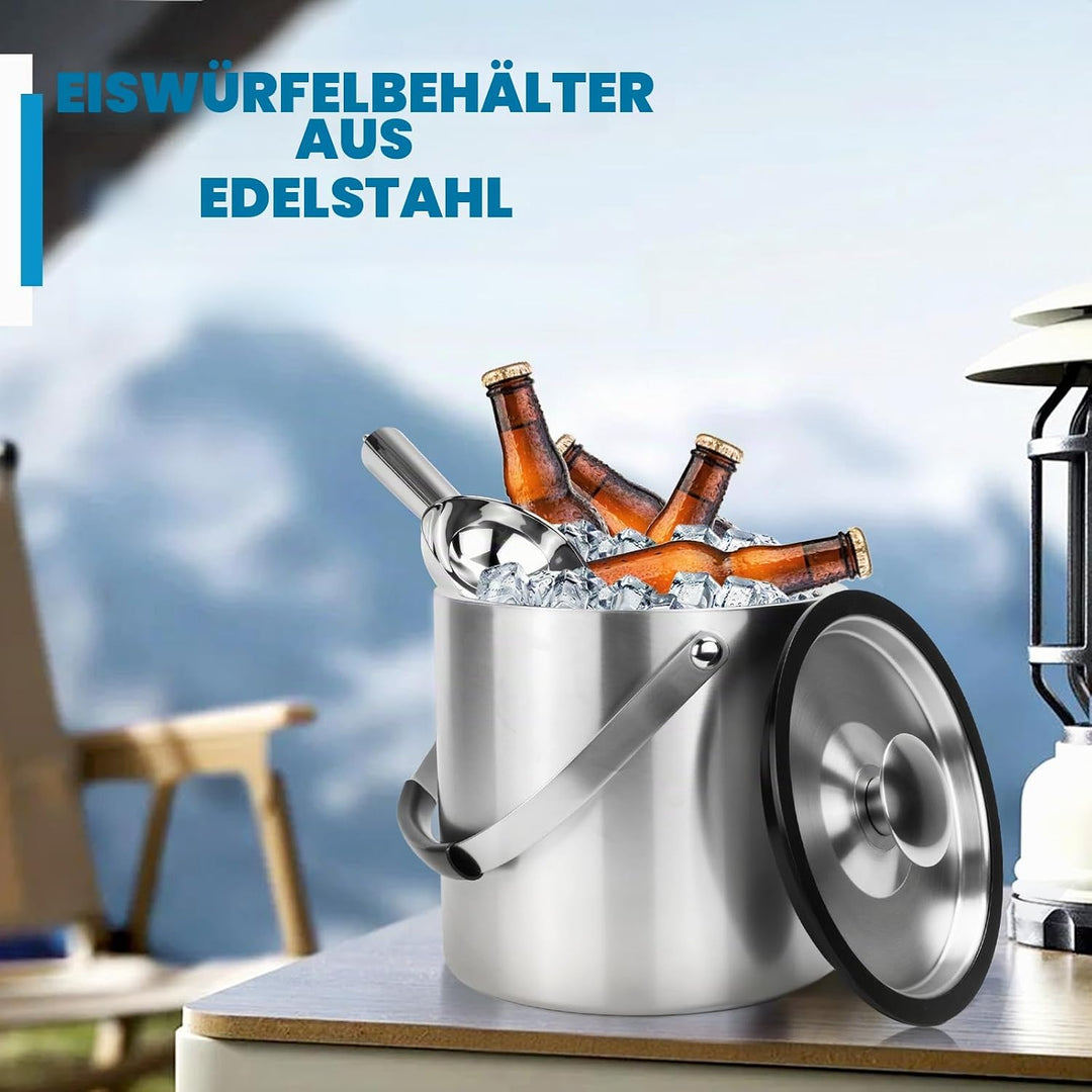 3L Eiswürfelbehälter mit Deckel Eiskübel Edelstahl Eisbehälter für Eiswürfel Doppelwandiger Isoliert