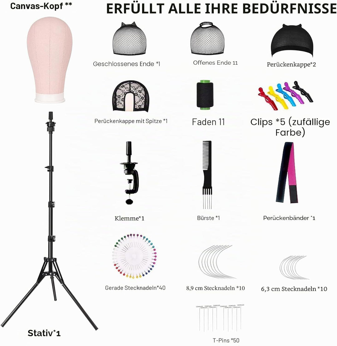 Perückenkopf 22 Inch(55.8cm), Dekokopf mit Perückenständer 160cm, Leinwand Perücke machen Mannequin