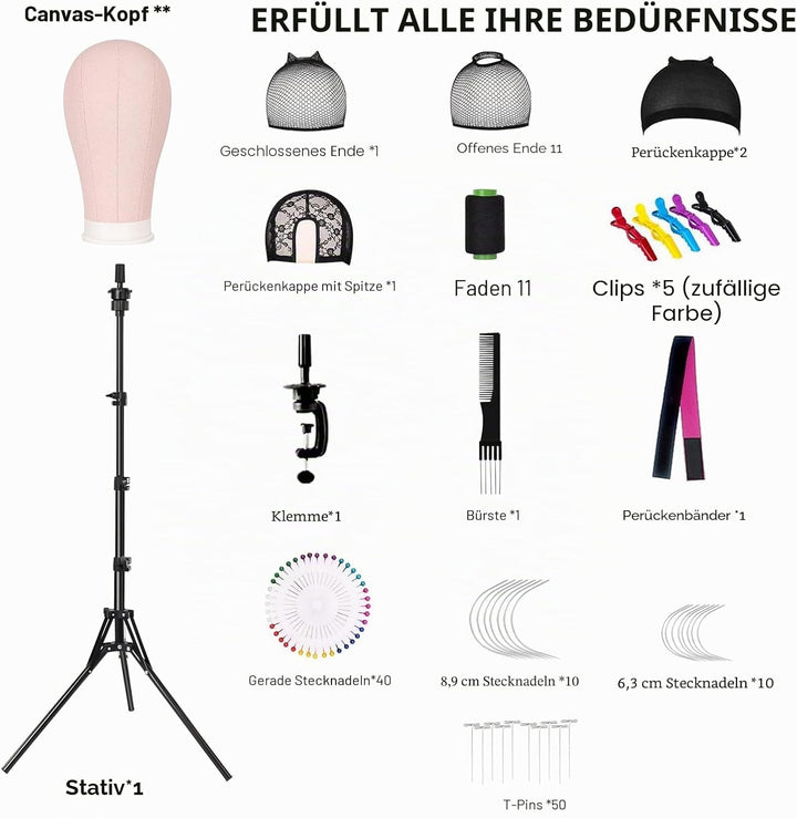 Perückenkopf 22 Inch(55.8cm), Dekokopf mit Perückenständer 160cm, Leinwand Perücke machen Mannequin