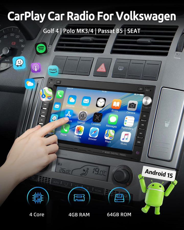 ESSGOO 4+64G Android 15 Autoradio Wireless CarPlay und Android Auto Für VW, Android 15