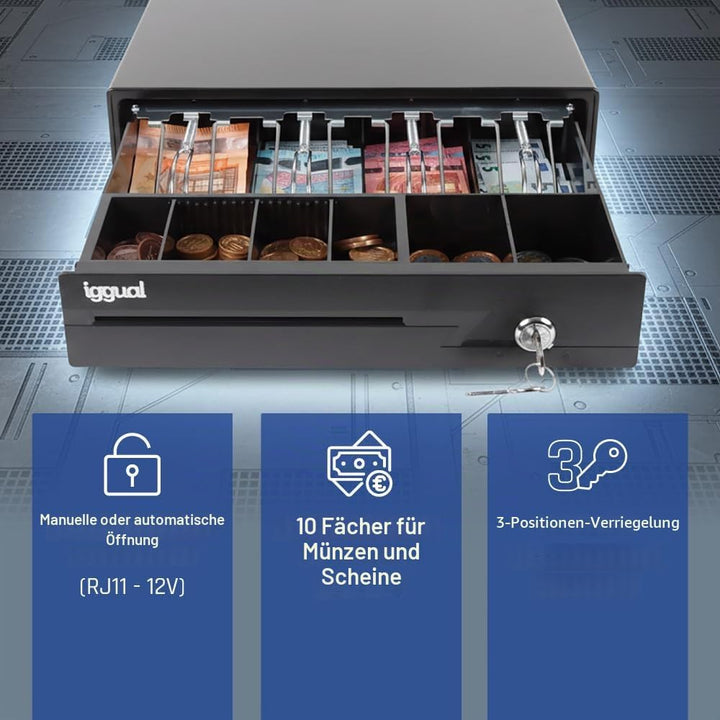 iggual - Geldkassette Abschliessbar IRON - 10 | Kassenschublade mit automatischer oder manueller Öff