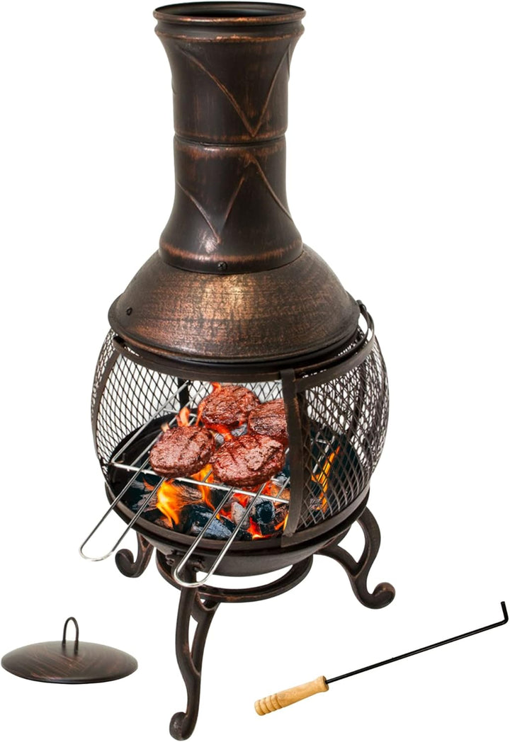 Terrassenofen Gartenkamin mit Grill, Gusseisen, Grillkamin 360° FireView, Funkenschutzgitter, Antik-