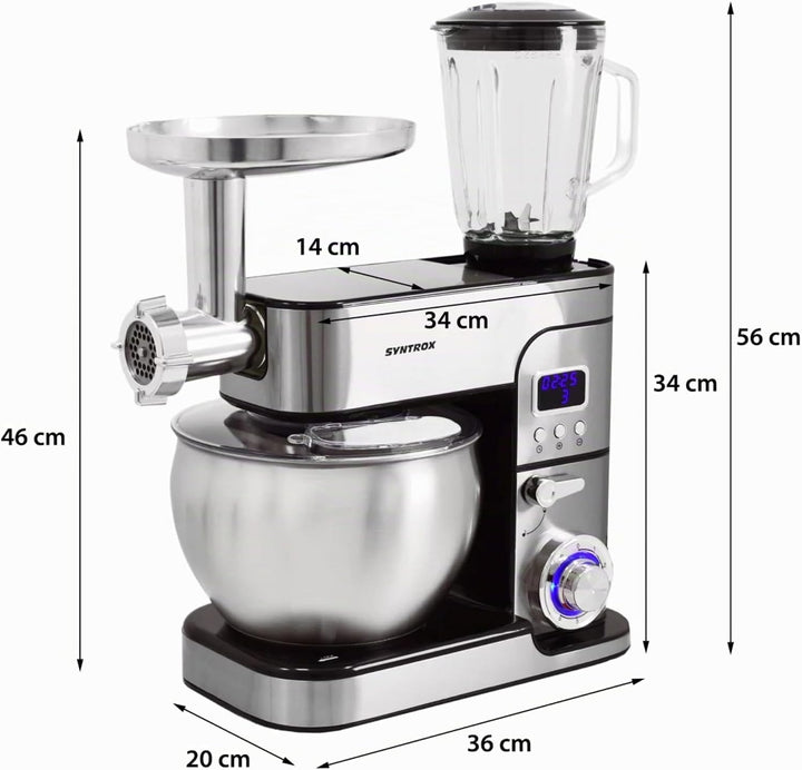 Syntrox Küchenmaschine Schwarz, Edelstahl 7 Liter Küchengerät &amp; Fleischwolf, Zubehör für Teig und Cr