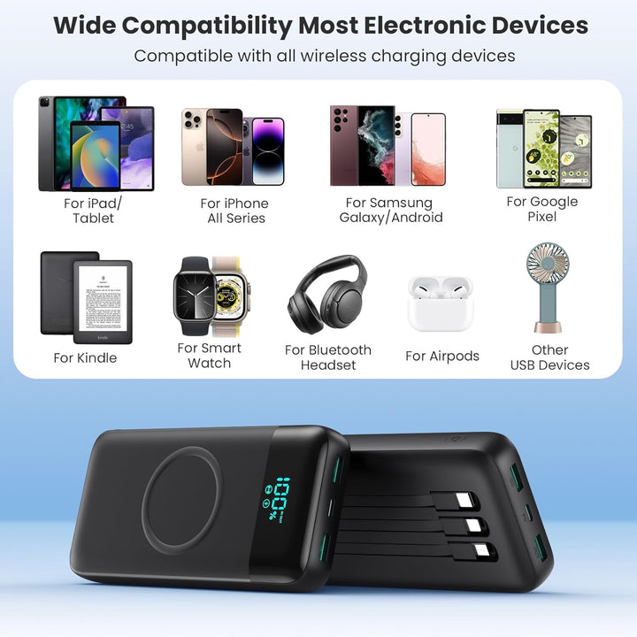 Wireless Power Bank 26800mAh mit 3 Kabel, 7 in 1 25W PD3.0+QC4.0 Schnellladen USB C Powerbank, 6 Aus