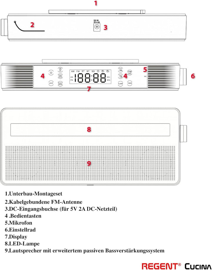 Regent Cucina Unterbau Küchenradio mit FM, Bluetooth, LED-Leiste, Farbdisplay, Küchentimer & 2 Wecke