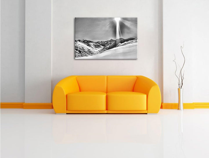 Monocrome, Schnee Berge, Format: 100x70 auf Leinwand, XXL riesige Bilder fertig gerahmt mit Keilrahm