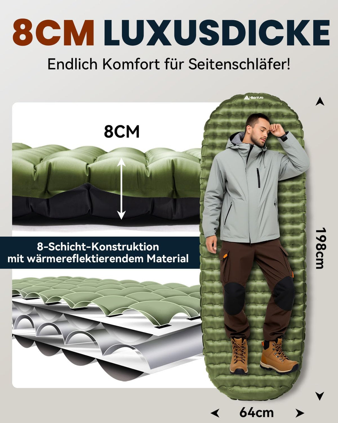 HIKENTURE Isomatte Camping R-Wert 6,2, 8CM Dicke Aufblasbare Isomatte Ultraleicht, Warme Schlafmatte