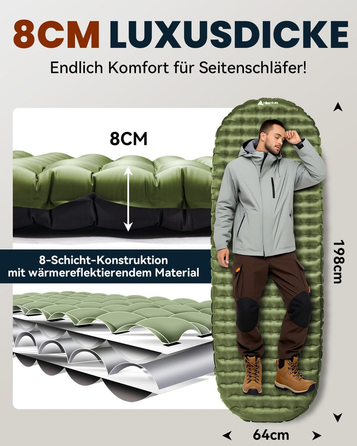 HIKENTURE Isomatte Camping R-Wert 6,2, 8CM Dicke Aufblasbare Isomatte Ultraleicht, Warme Schlafmatte