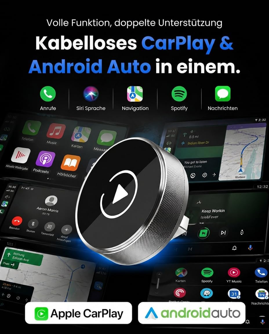 2026 Carplay Wireless Adapter, 2 in 1 Car Play &amp; Android Auto Adapter Kabelgebundenes CarPlay Kabell