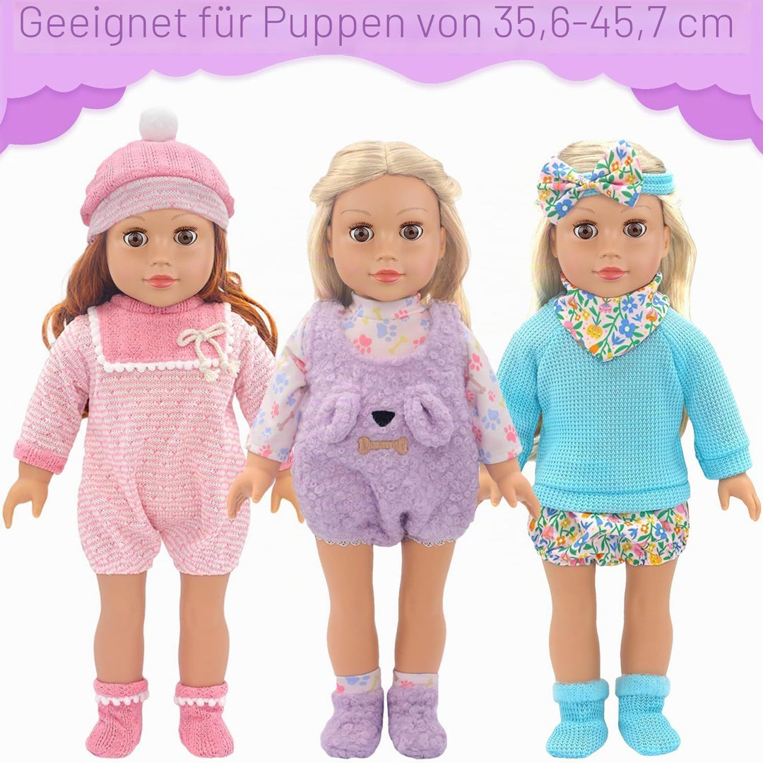 3 Komplette Outfits Puppenkleidung Puppen Set für 35-45 cm und 14-18 Zoll Puppen Enthält Strampler,