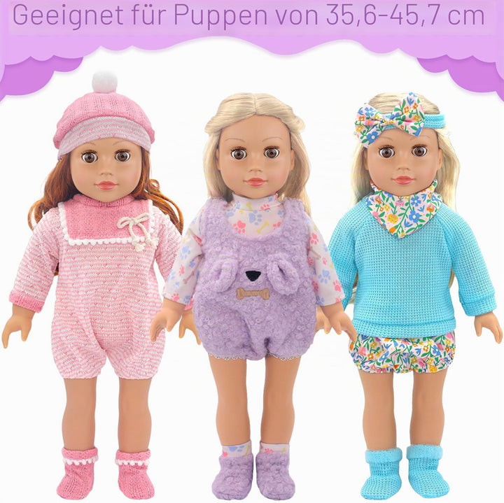 3 Komplette Outfits Puppenkleidung Puppen Set für 35-45 cm und 14-18 Zoll Puppen Enthält Strampler,