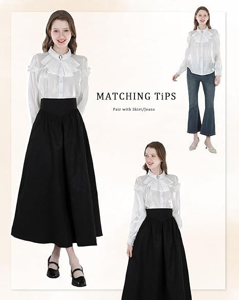 Viktorianische Bluse Gothic Damen Vintage Stehkragen Langarm Oberteil Steampunk Damen Renaissance He