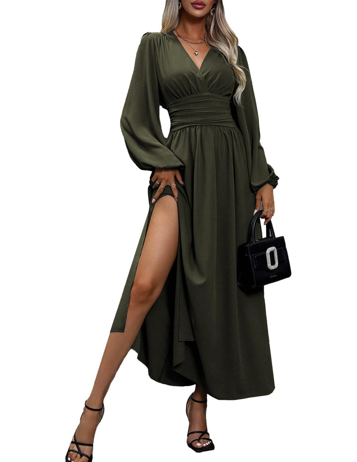 Damen Kleid 2.0 Elegant Langarm V-Ausschnit Tunika Maxikleider Casual Hohe Taille Saumschlitz Cockta