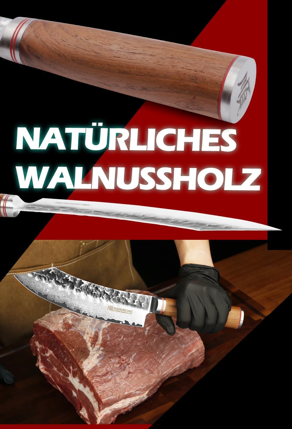 YOUSUNLONG Blockmesser 20,50cm Metzgermesser klein extrem scharfe Klinge I Damast Küchenmesser und P